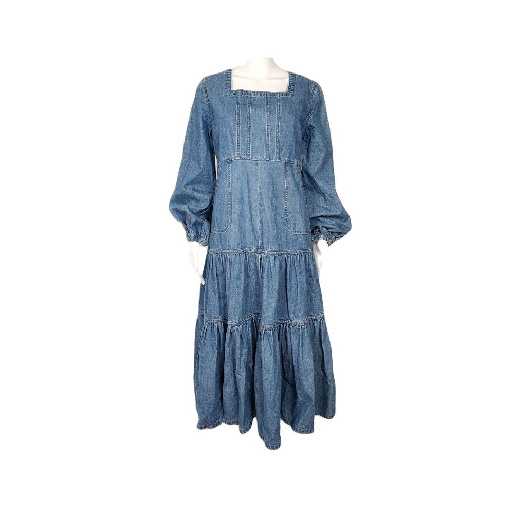 Sample Denim Blouson Sleeve Tiered Maxi Dress Medium Blue Denim Size XS
